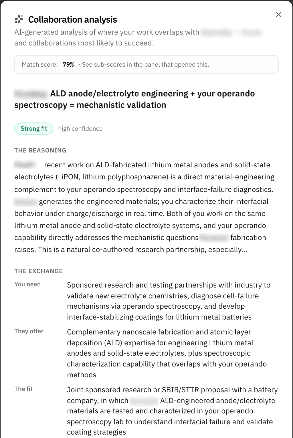 An AI collaboration analysis of a real match: a one-line headline, a Strong fit verdict with high confidence, the reasoning, and the exchange (what you need, what they offer, and the fit).
