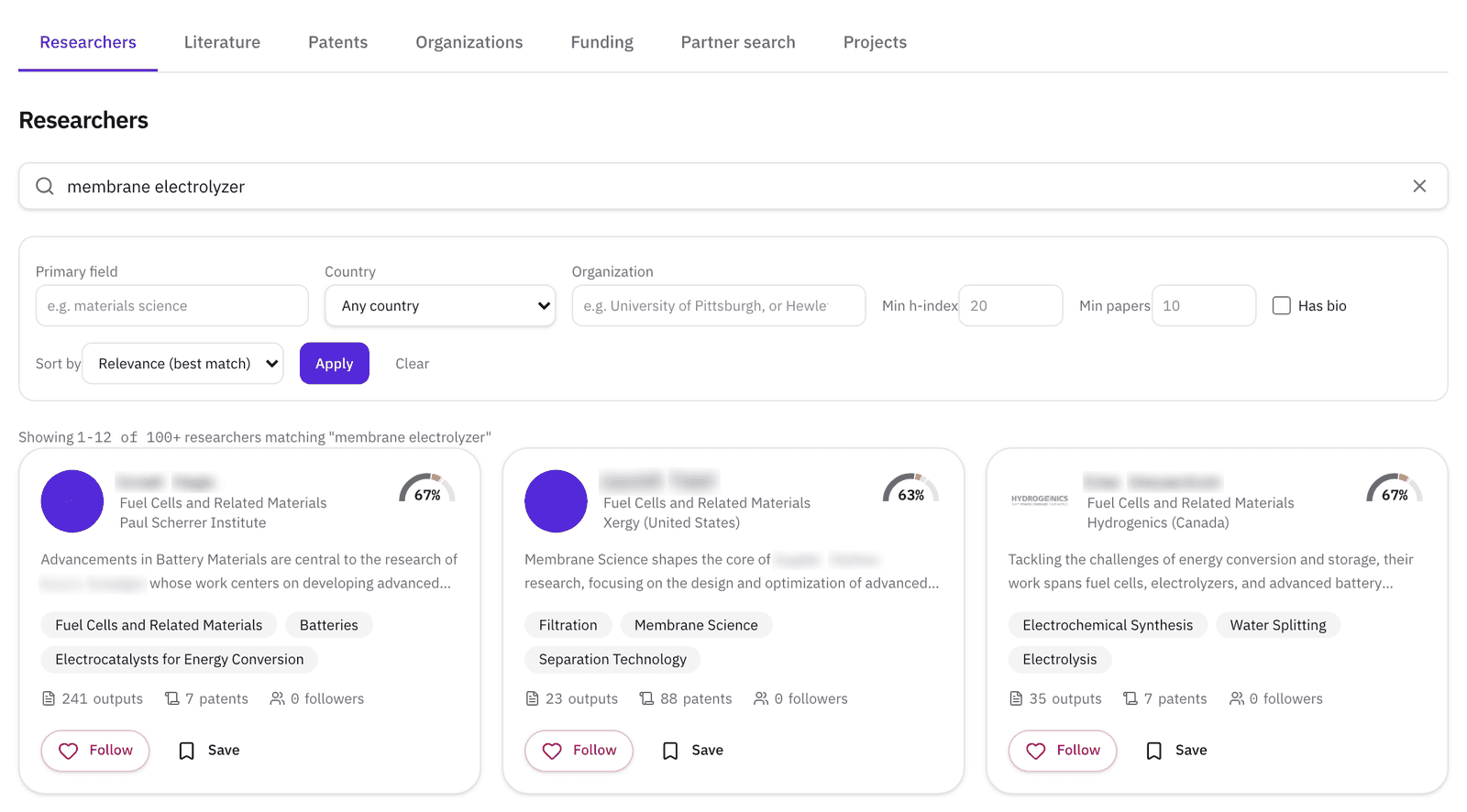 Discover Researchers: a plain-language query, the filter rail for field, country, organization, h-index and paper count, and the first three ranked researchers with their match scores.