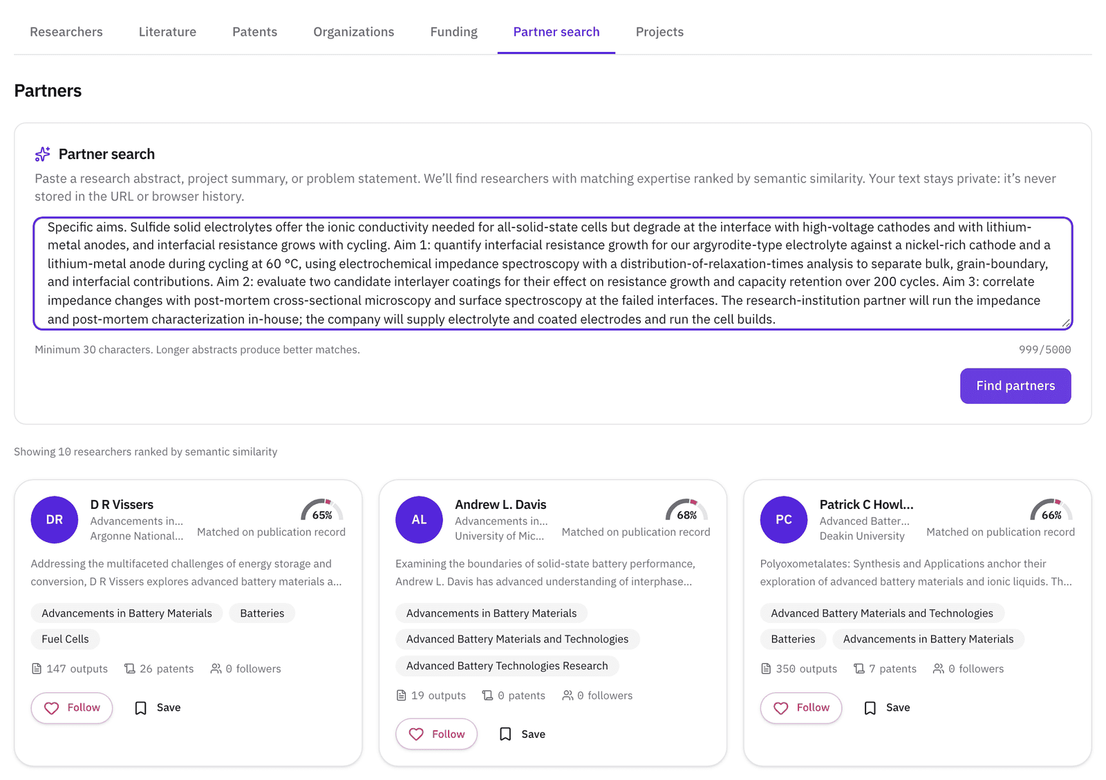 Partner search with a project abstract pasted into the box, and the first three of ten ranked researchers beneath it, each with a match score and the line naming what it matched on.