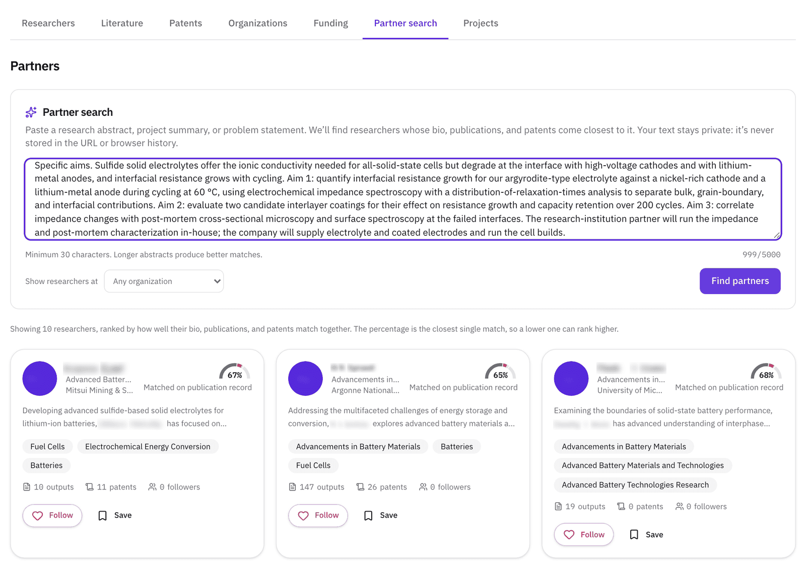Partner search with a project abstract pasted into the box, and the first three of ten ranked researchers beneath it, each with a match score and the line naming what it matched on.