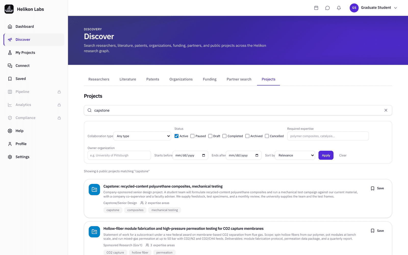 Discover filtered to public projects matching capstone work, each card showing its collaboration type, scope, and the expertise it needs.