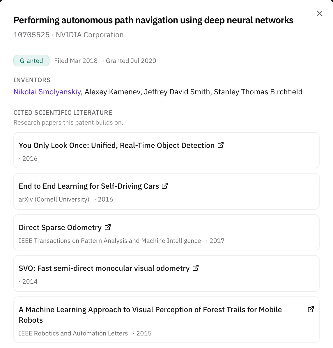 Patent detail, excerpted: a 2020 patent on autonomous navigation with deep neural networks, its owner and inventors, then the scientific papers it cites