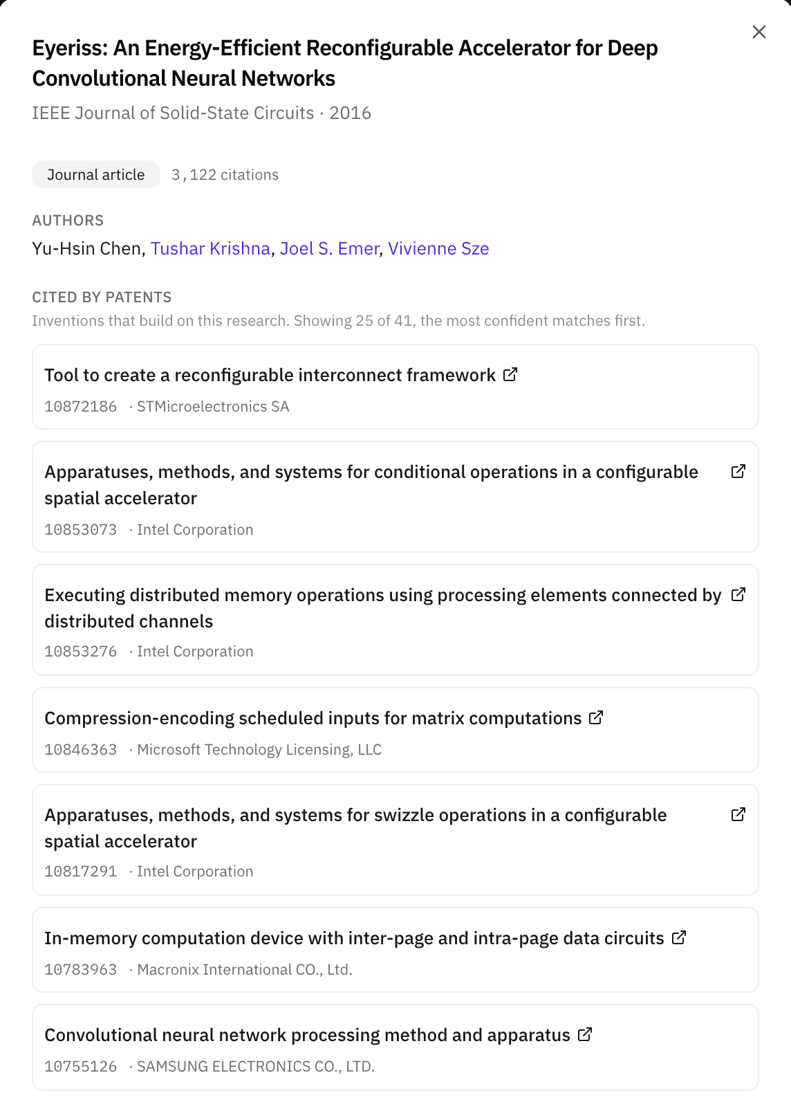 Publication detail, excerpted: a 2016 paper on an energy-efficient deep-learning accelerator and, under Cited by patents, granted patents from five different companies that build on it