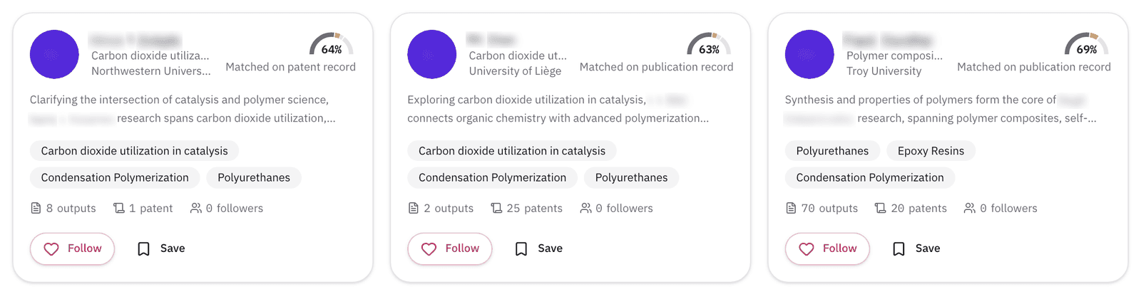 The first three results, all university researchers, each with a match score and the line naming what it matched on. Names are hidden.