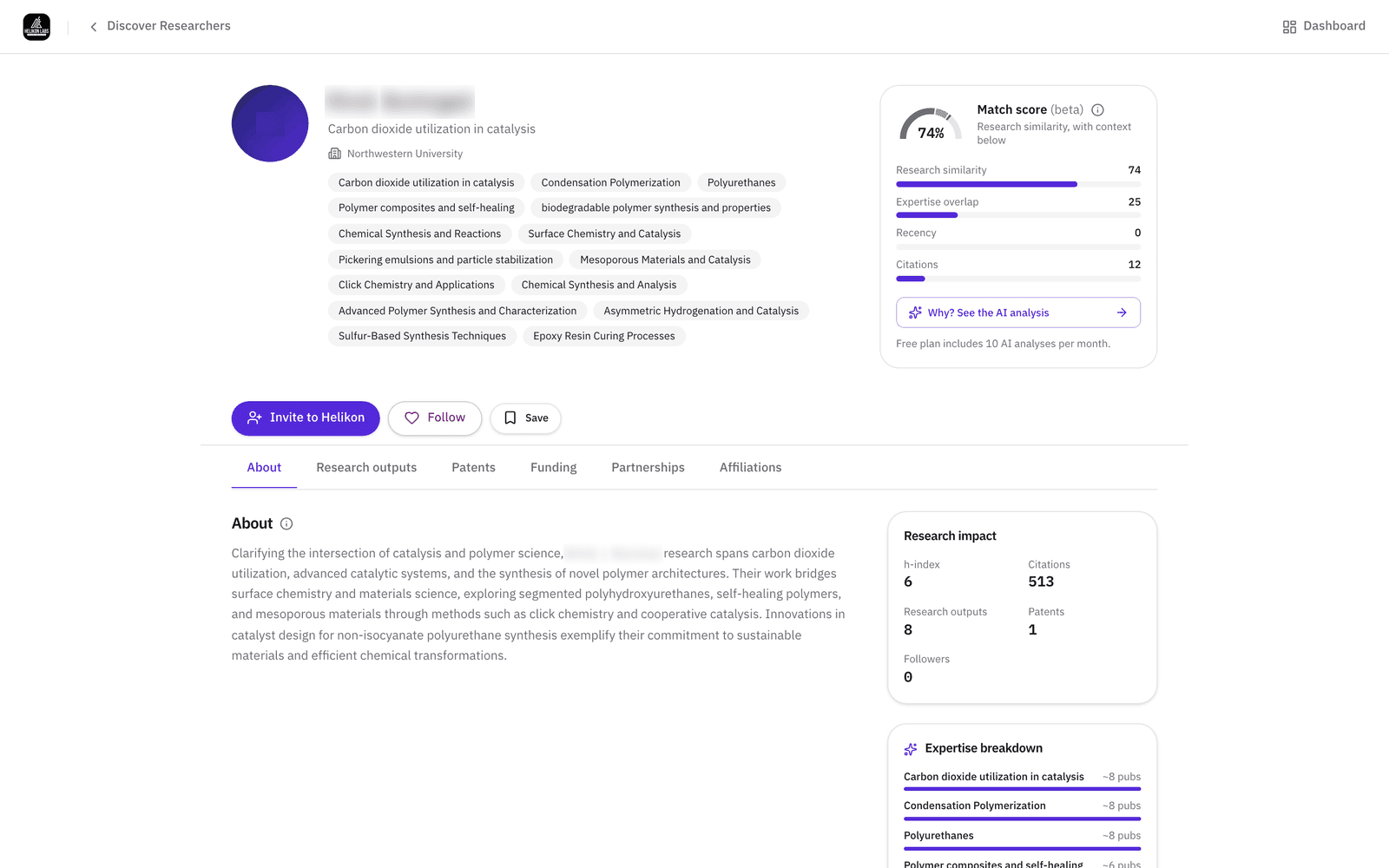 A researcher profile with the match score and its four sub-scores in the header.