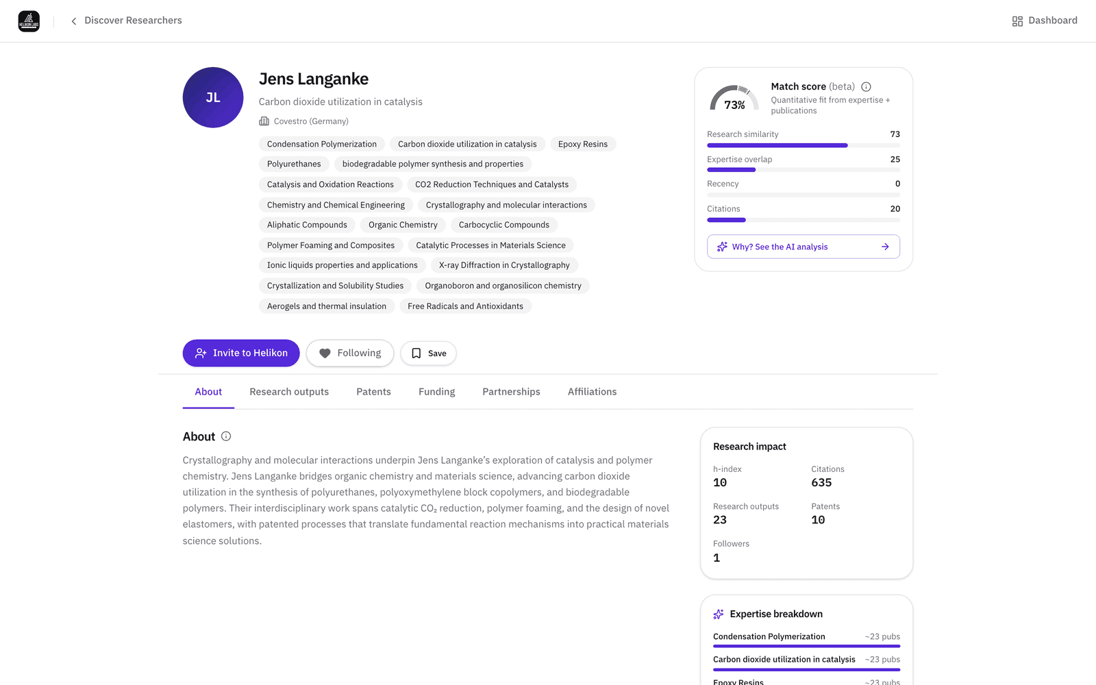 A researcher profile with the match score and its four sub-scores in the header.