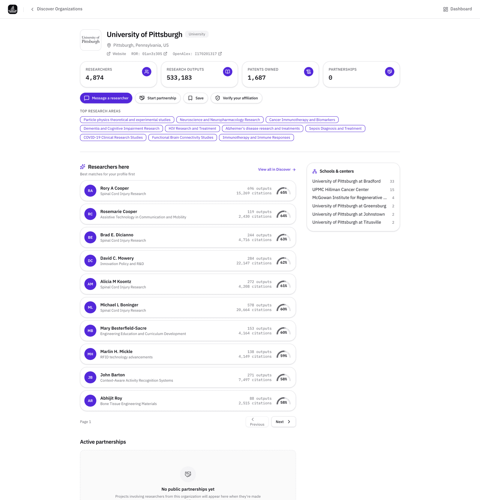An organization page: top research areas and the researchers panel, both built from the public record.
