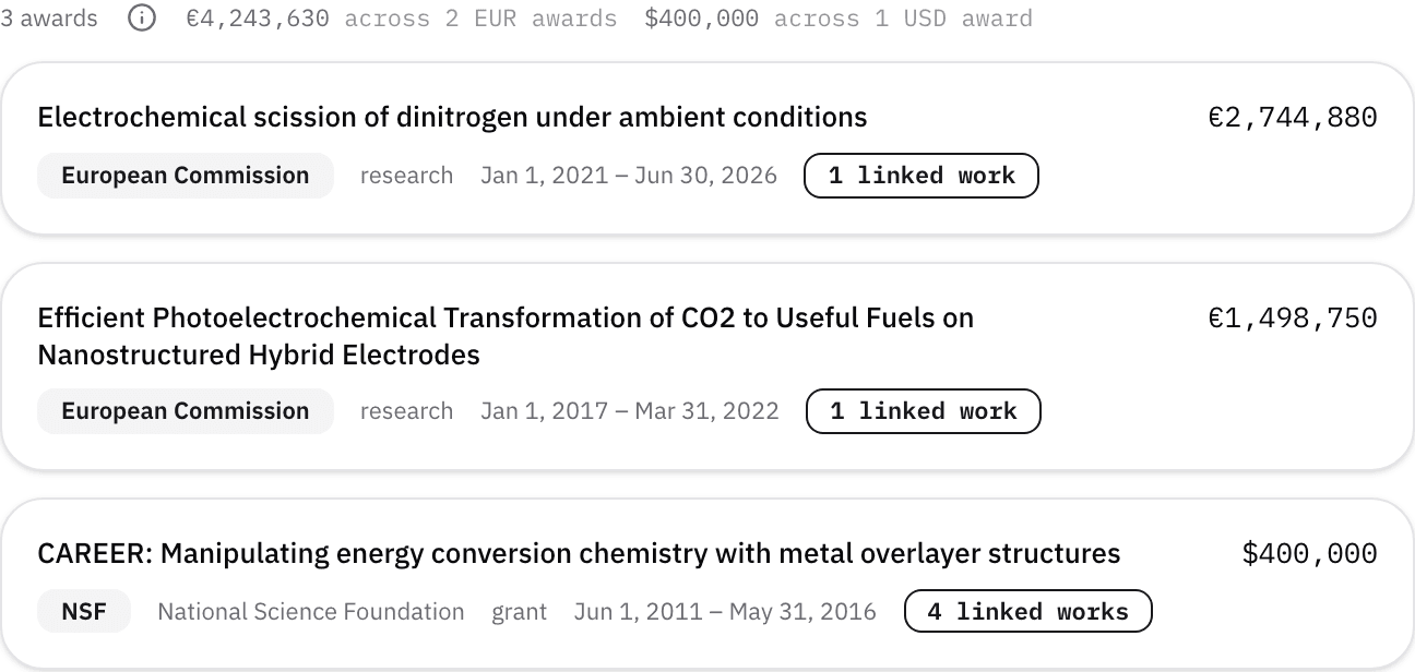 The Funding tab: award rows with per-currency totals above them.