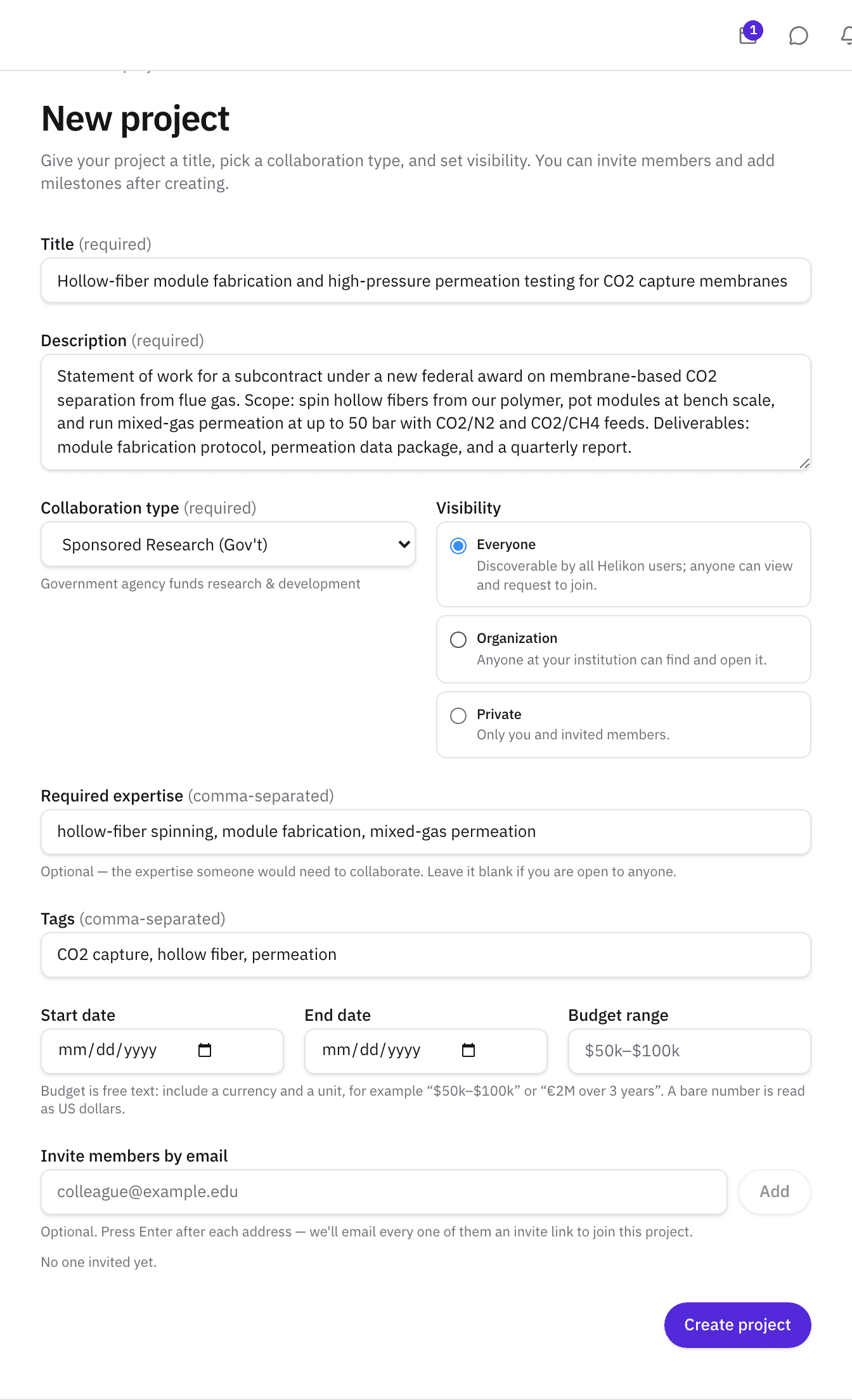 The new-project form with the statement of work, required expertise, and a collaboration type chosen.