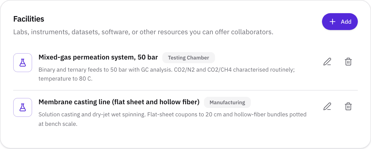 The Facilities section of a profile, listing equipment a collaborator can use.
