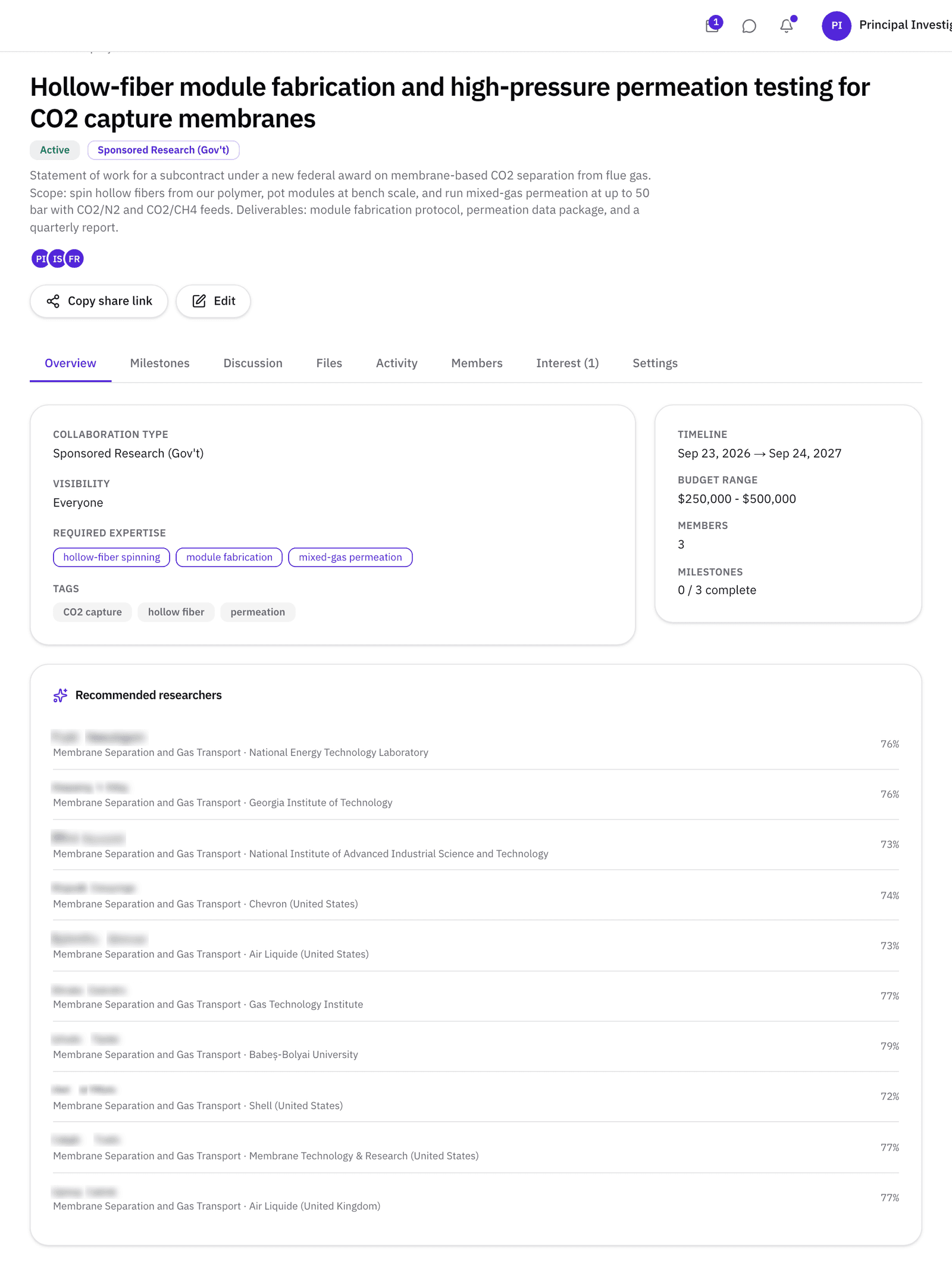 The whole project page: status, required expertise, members, and the inbound interest tab.