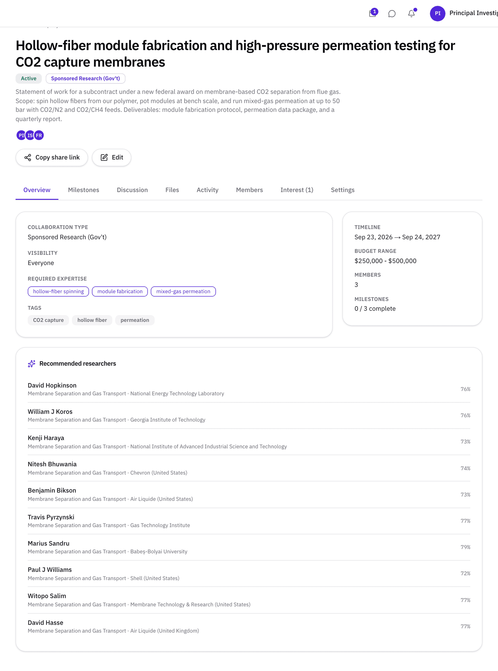 The whole project page: status, required expertise, members, and the inbound interest tab.