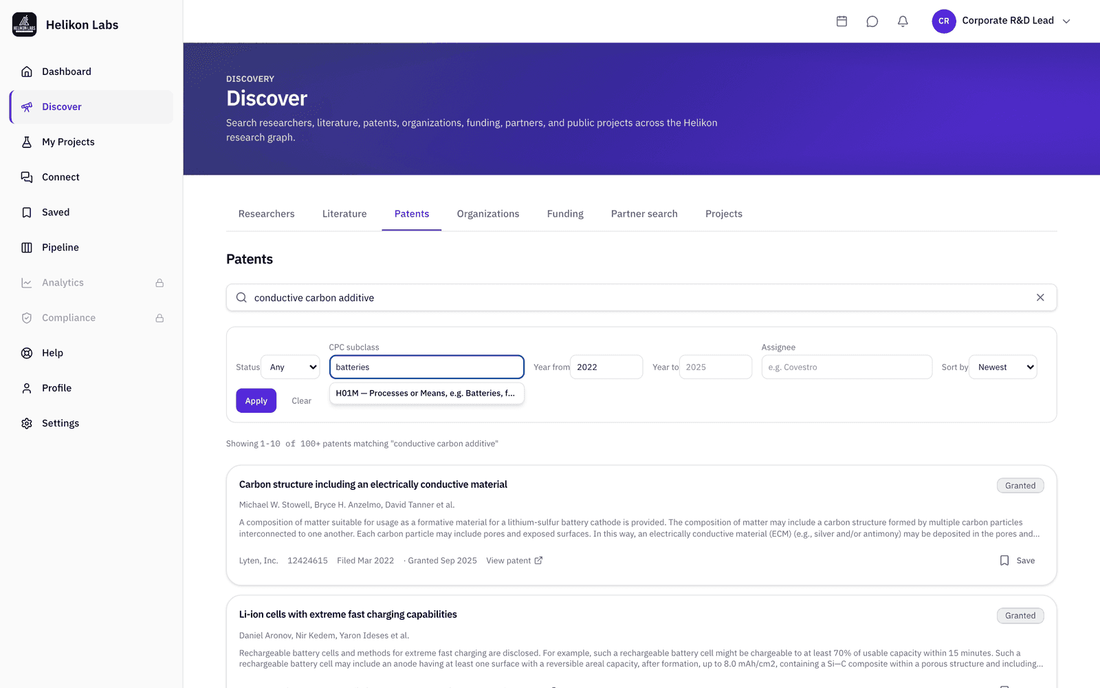 Patents search with the CPC subclass typeahead open on a plain-word query.