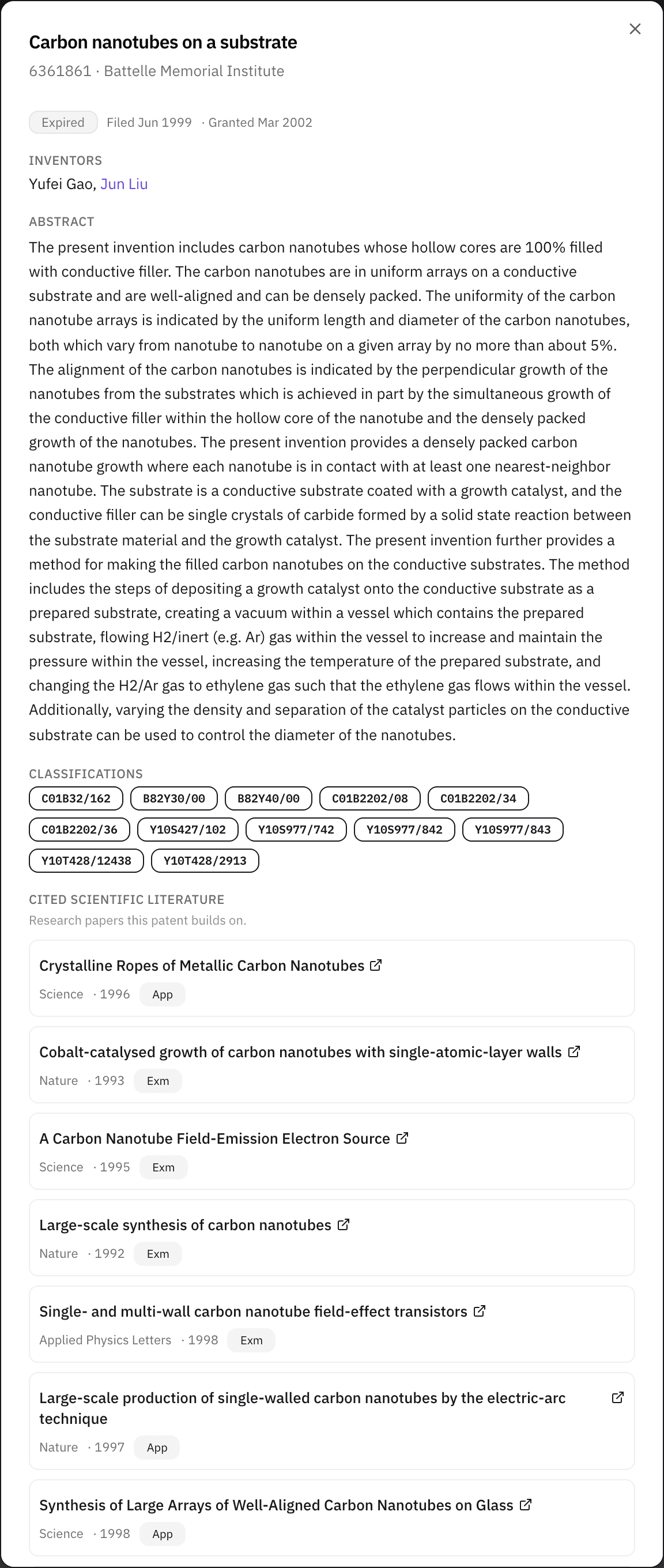 Patent drawer scrolled to Cited scientific literature, with an inventor linked to a profile.