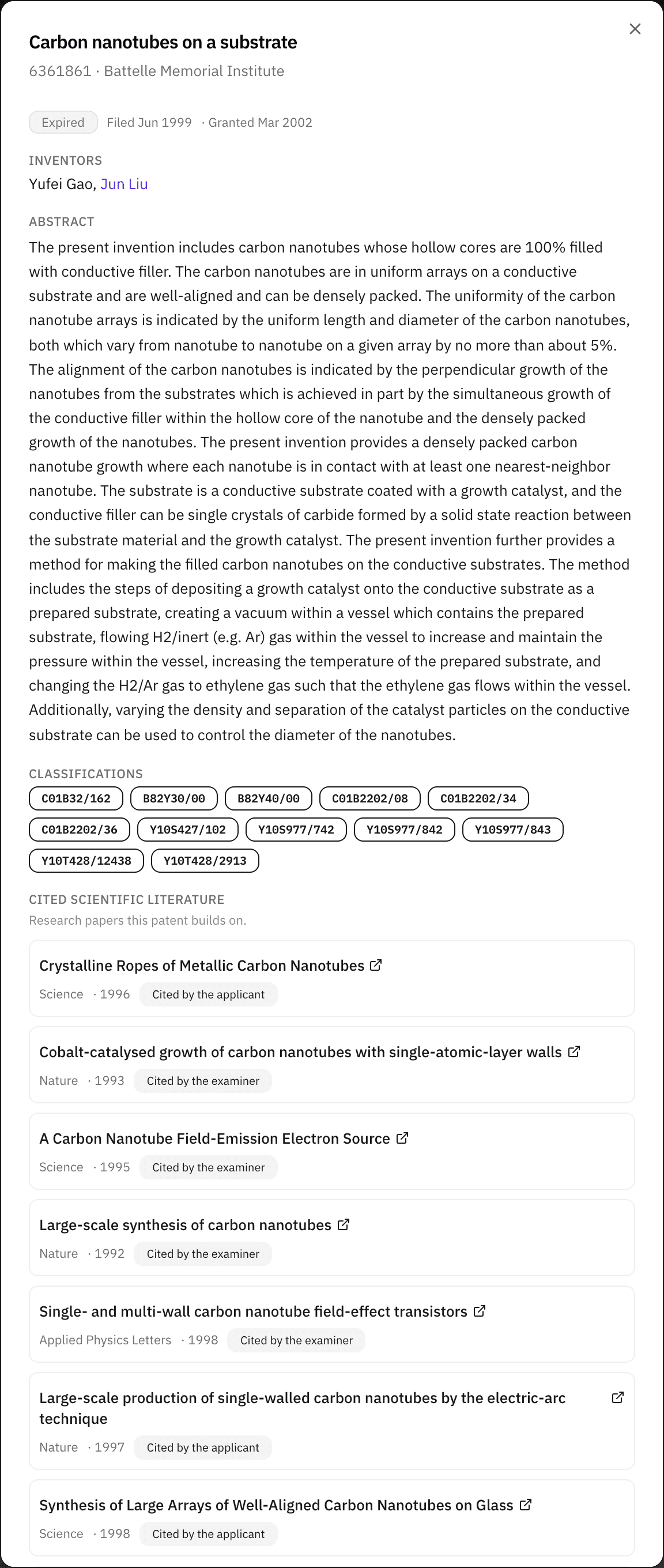 Patent drawer scrolled to Cited scientific literature, with an inventor linked to a profile.