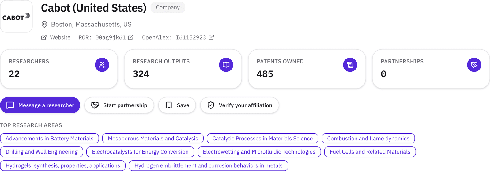 Organization page header for a company: type badge, owned-patent rollup, and top research areas.