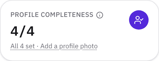 The profile completeness tile at 4 of 4, with matching switched on.