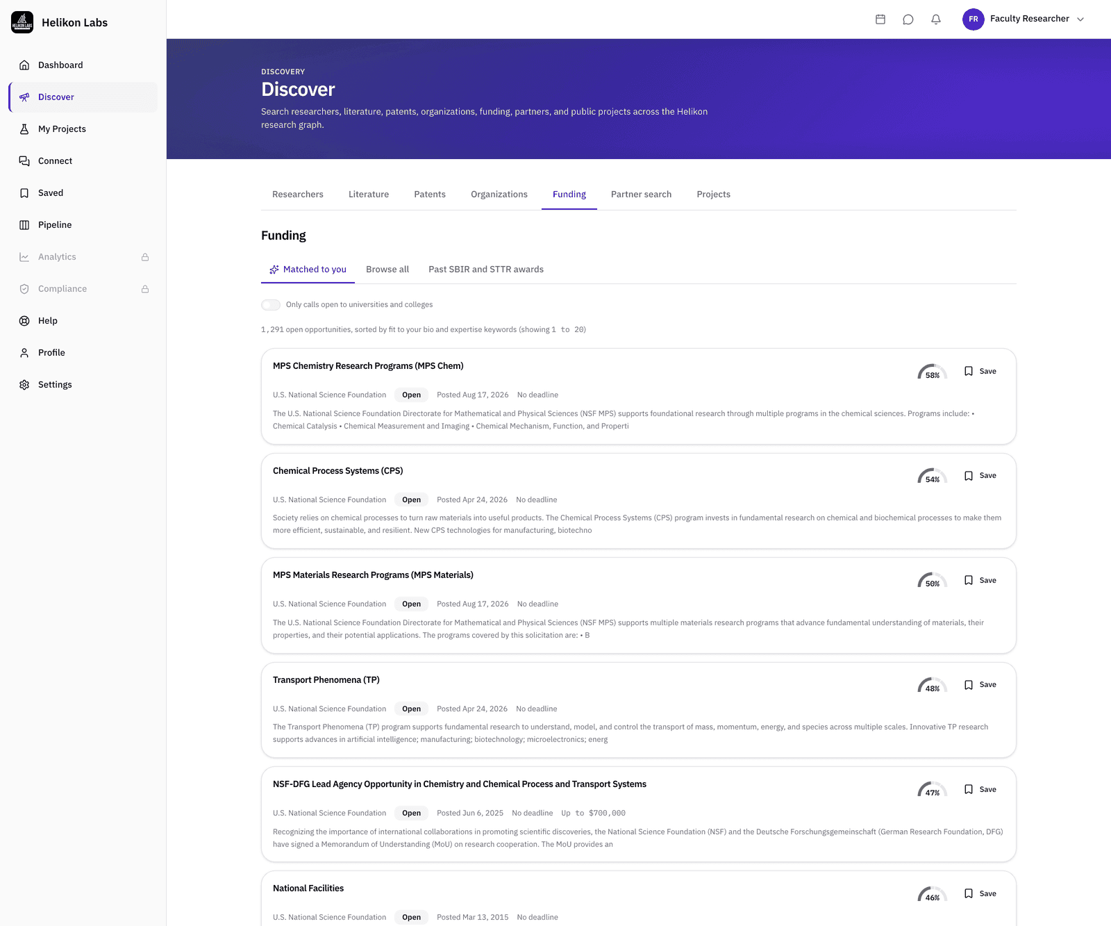 Matched to you on Pro: every open call sorted by fit to the profile, with the switch for calls open to universities and colleges.