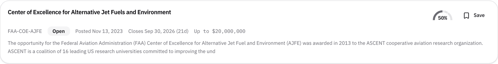 One matched row: title, agency, status, closing date, award ceiling, and the fit dial.