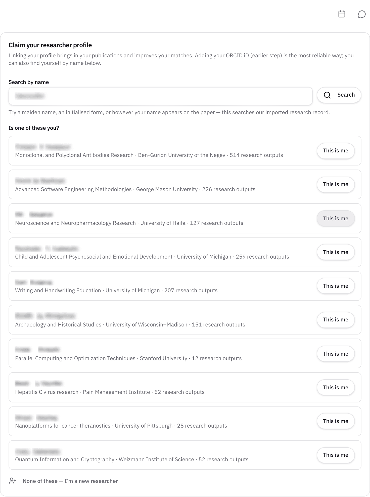 Profile → Imports with the claim card, listing the corpus records that match a name.