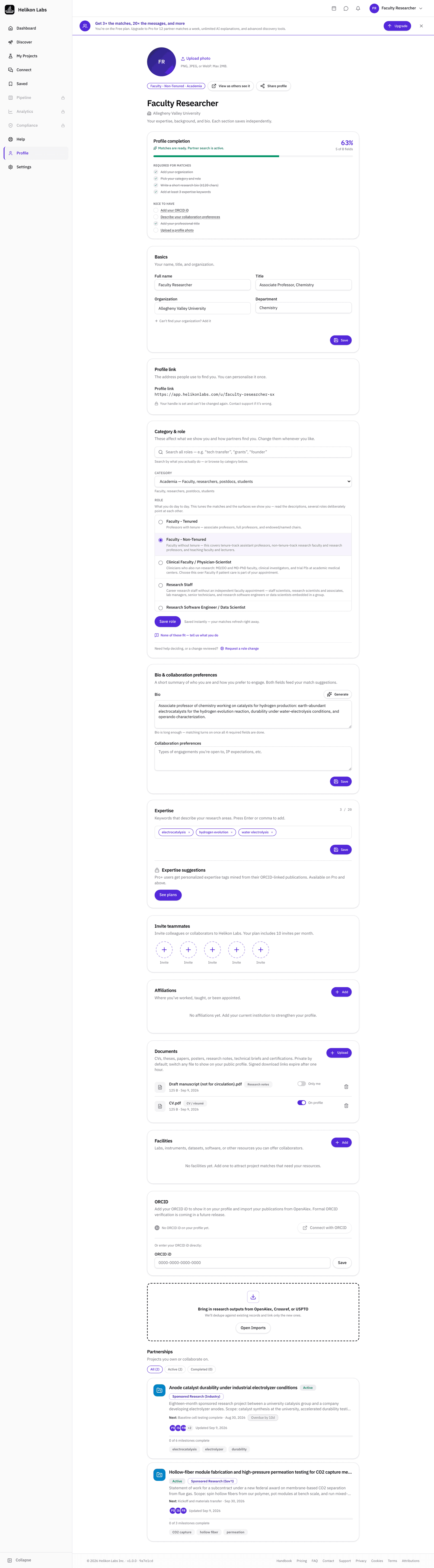 The profile editor: expertise keywords with the suggestions panel, facilities, and a visibility switch on every document.