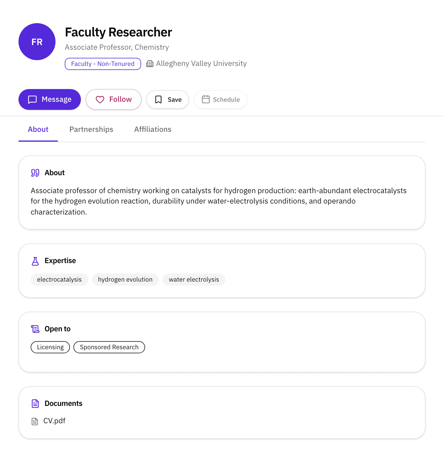 A member's public profile as another signed-in member sees it: name, role, and institution above the profile tabs, About, expertise, and documents.