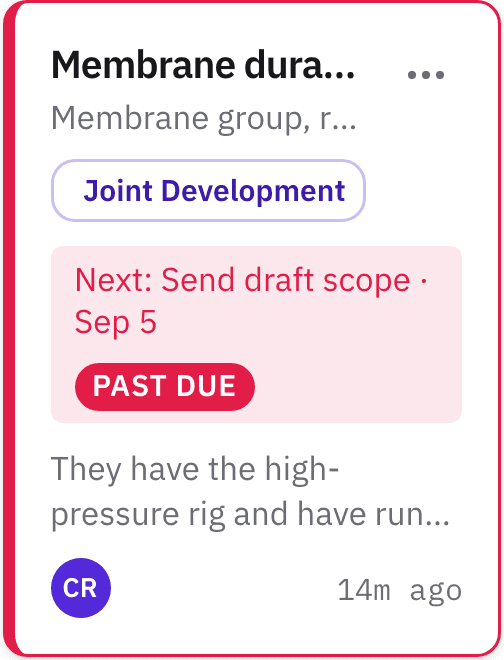 A card with its next action, due date, and the past due flag.