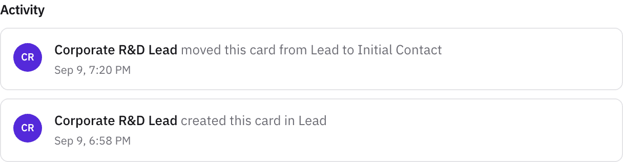 The activity panel on a card, with the stage change recorded.