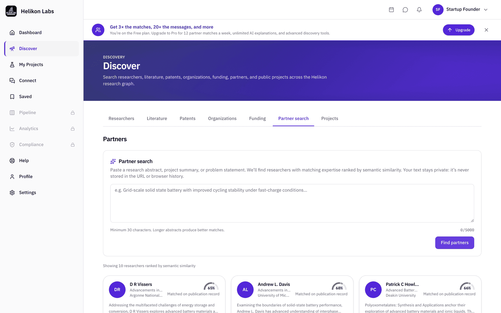Partner search results for a pasted specific-aims page, ranked by topic match.