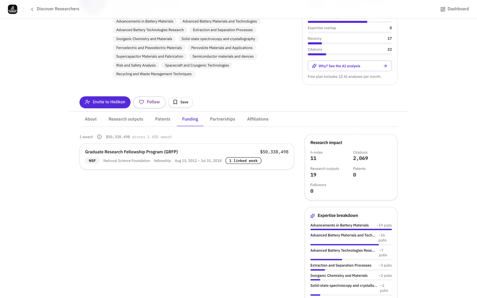 A researcher profile's Funding tab, scrolled to a federal award row.