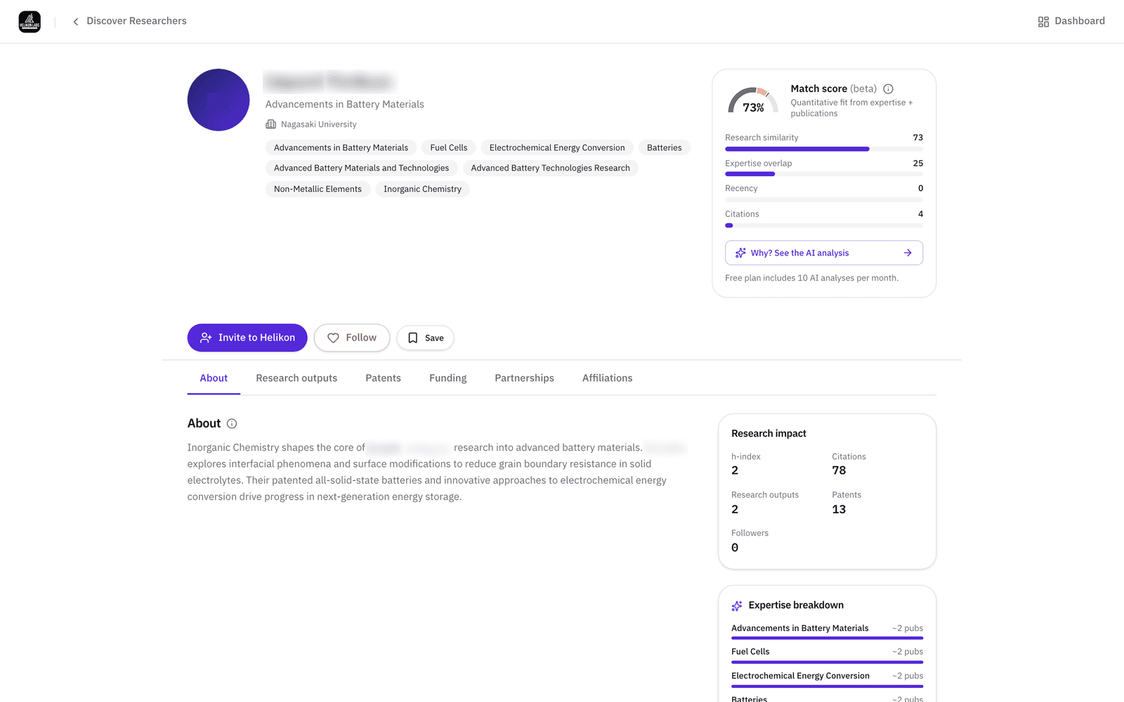 An unclaimed researcher profile, where the action bar offers Invite to Helikon instead of Message.