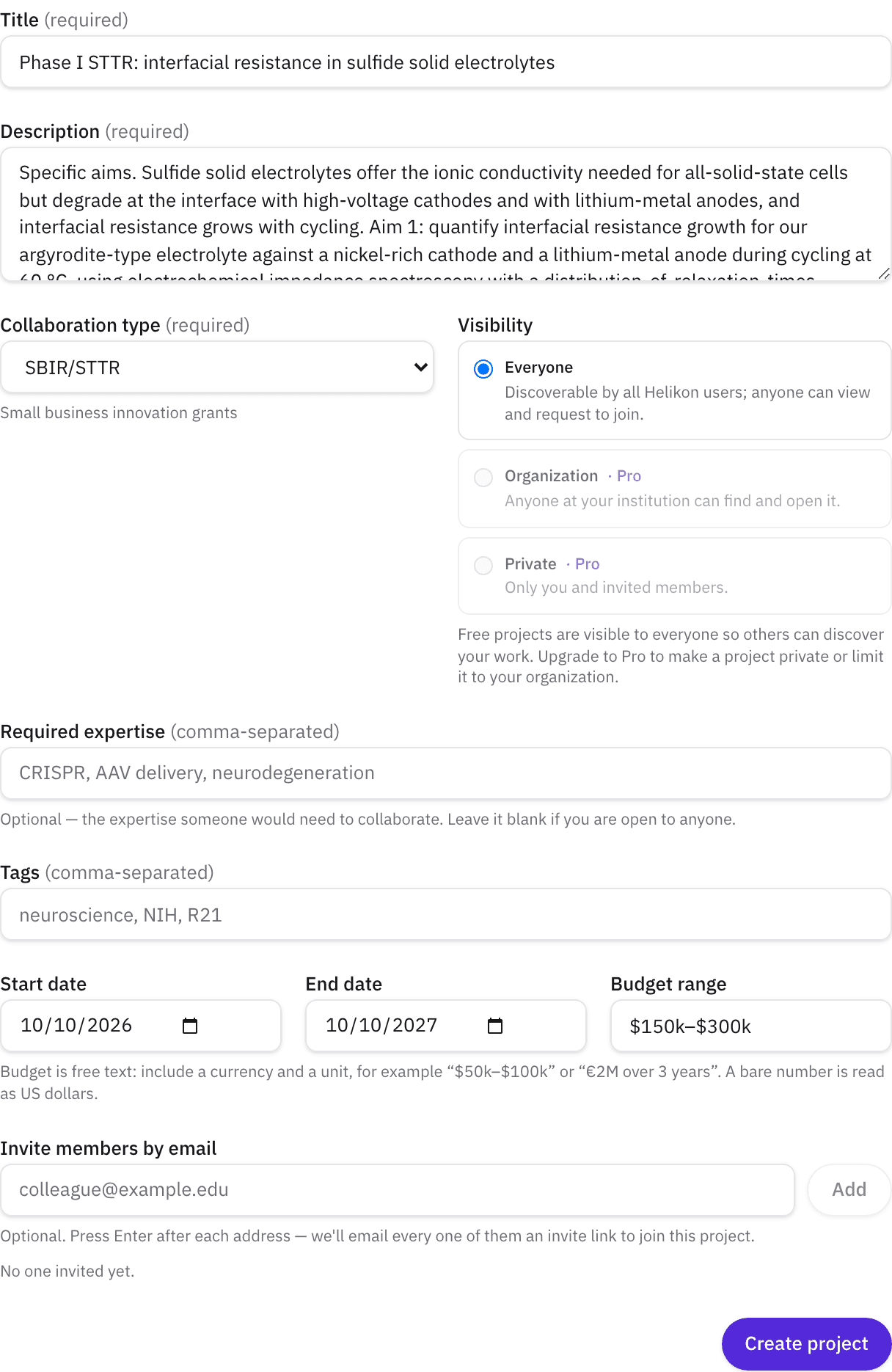 The new-project form with the SBIR/STTR collaboration type selected, before saving.