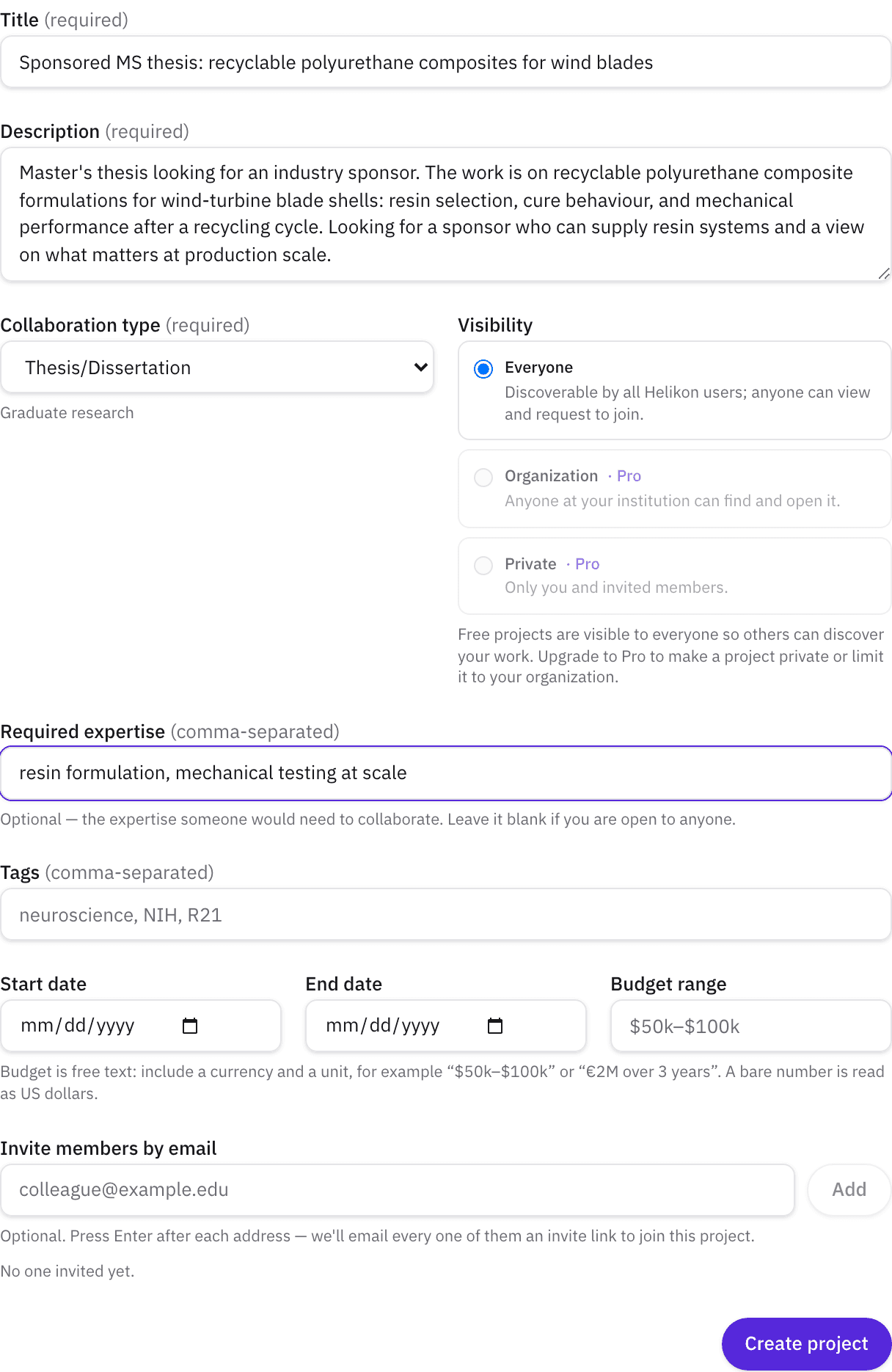 The project creation form with a Student Programs agreement type selected.