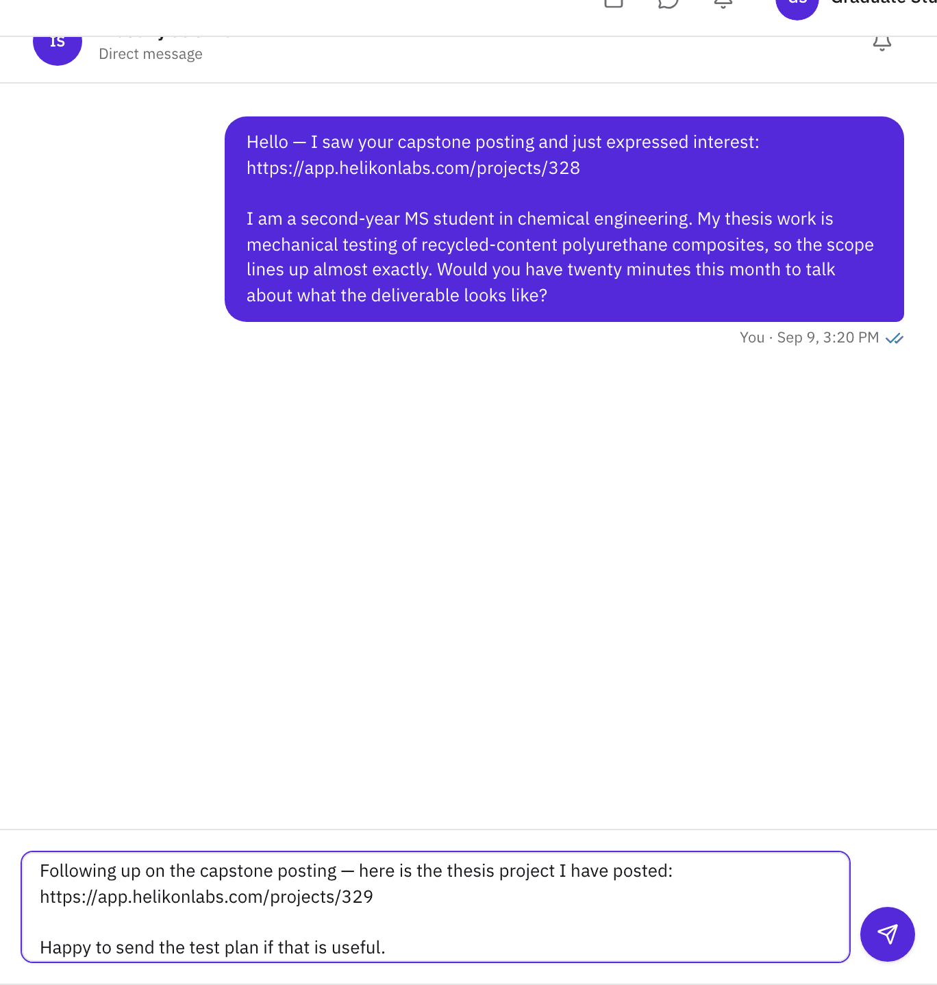 Message composer in an existing thread with a project link pasted in.