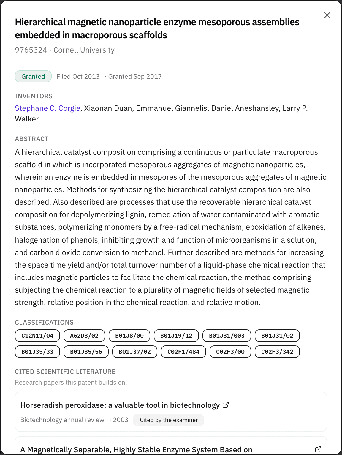 Patent detail showing the scientific papers it cites, with an inventor linked to a profile.