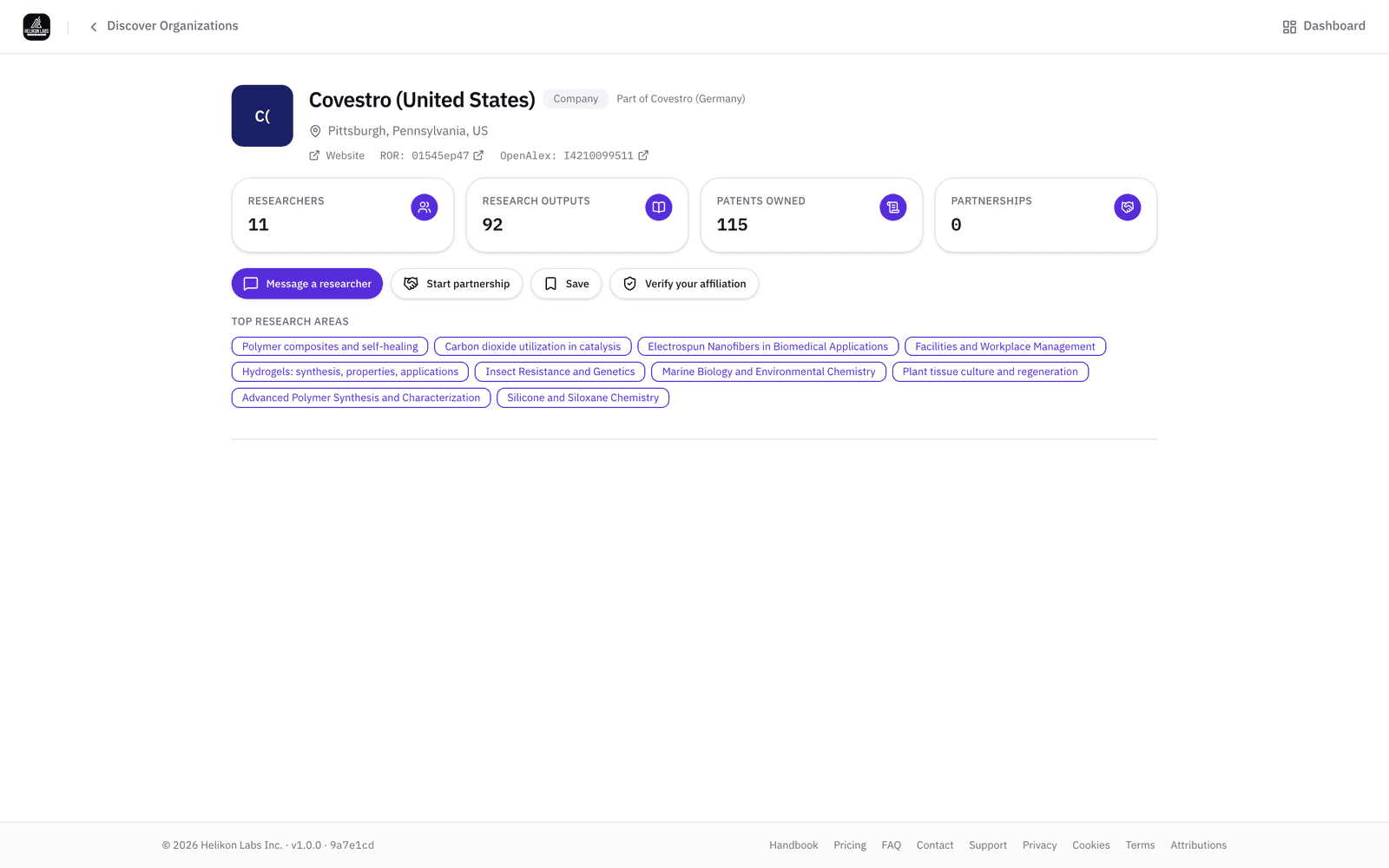 A company organization page with its parent, its owned-patent rollup, and its research areas.