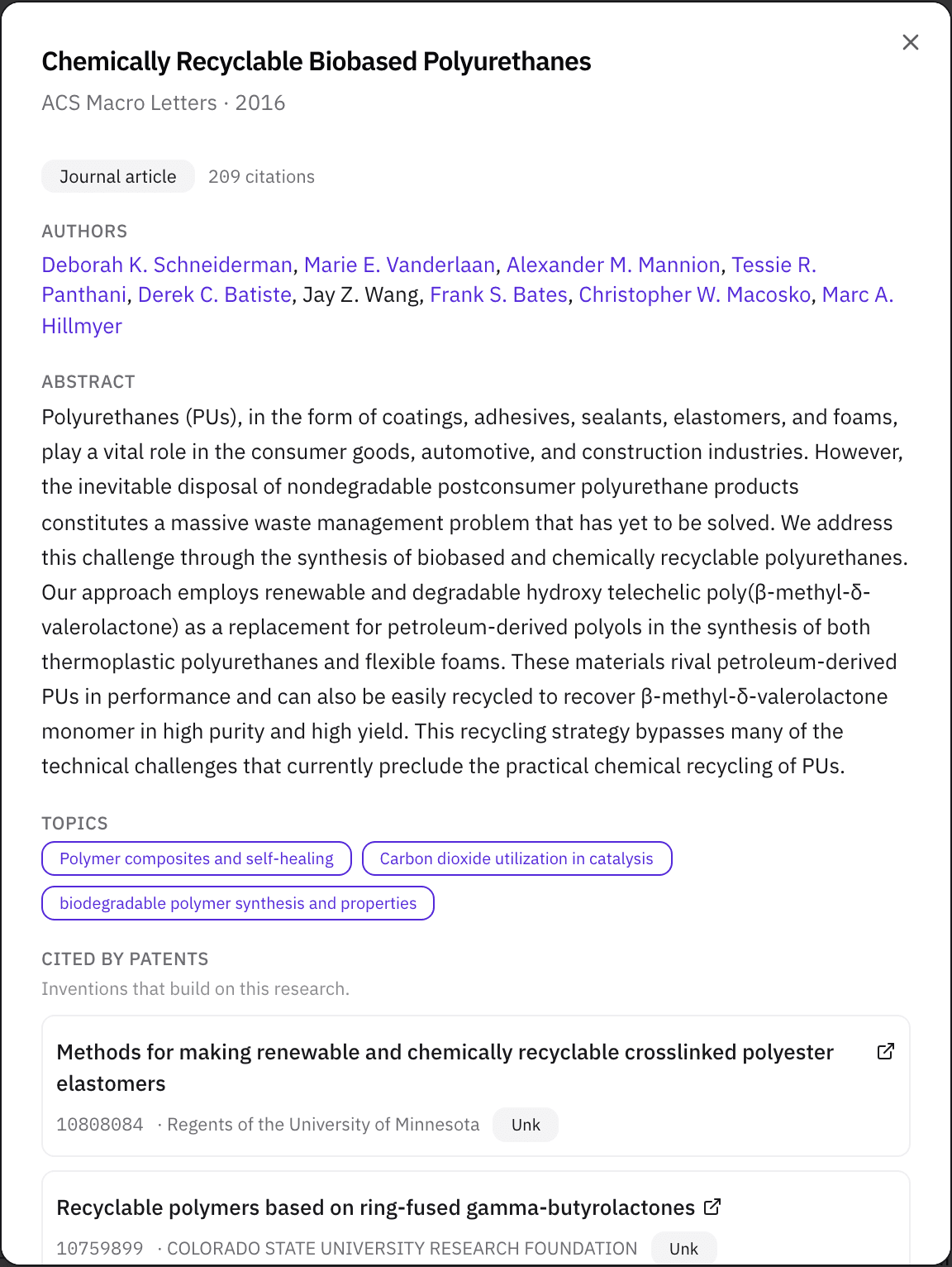 A paper's detail panel listing the granted patents that cite it, each with its assignee.