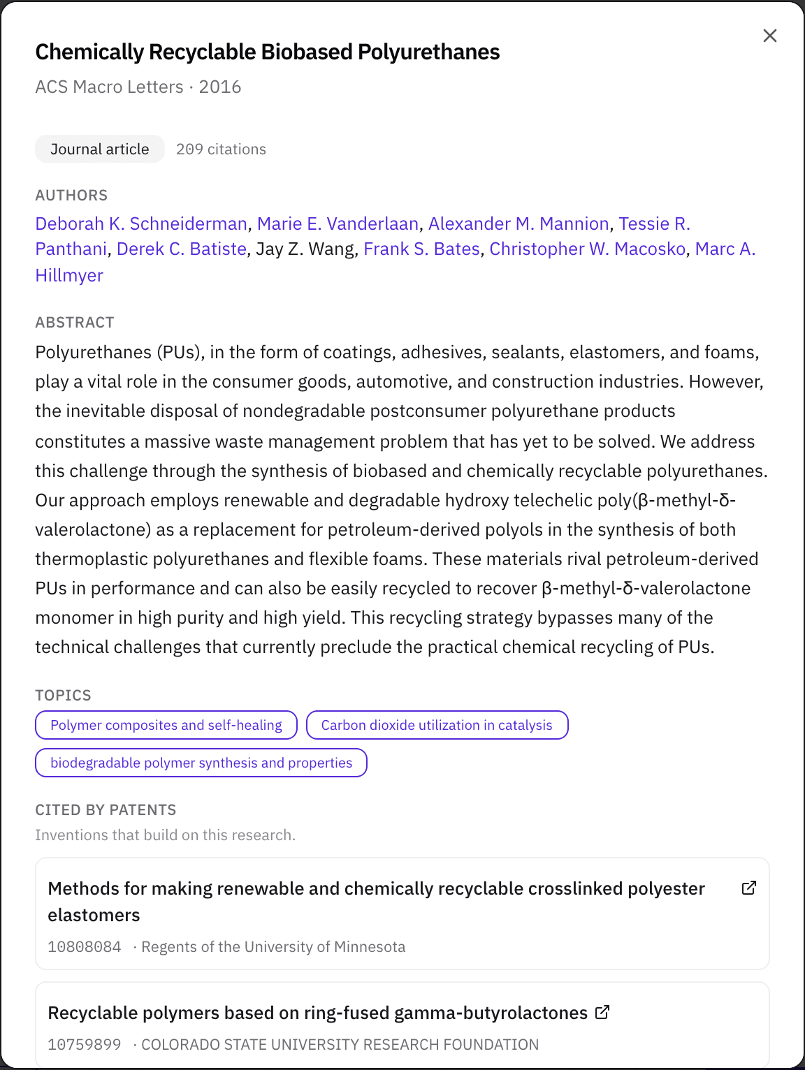 A paper's detail panel listing the granted patents that cite it, each with its assignee.