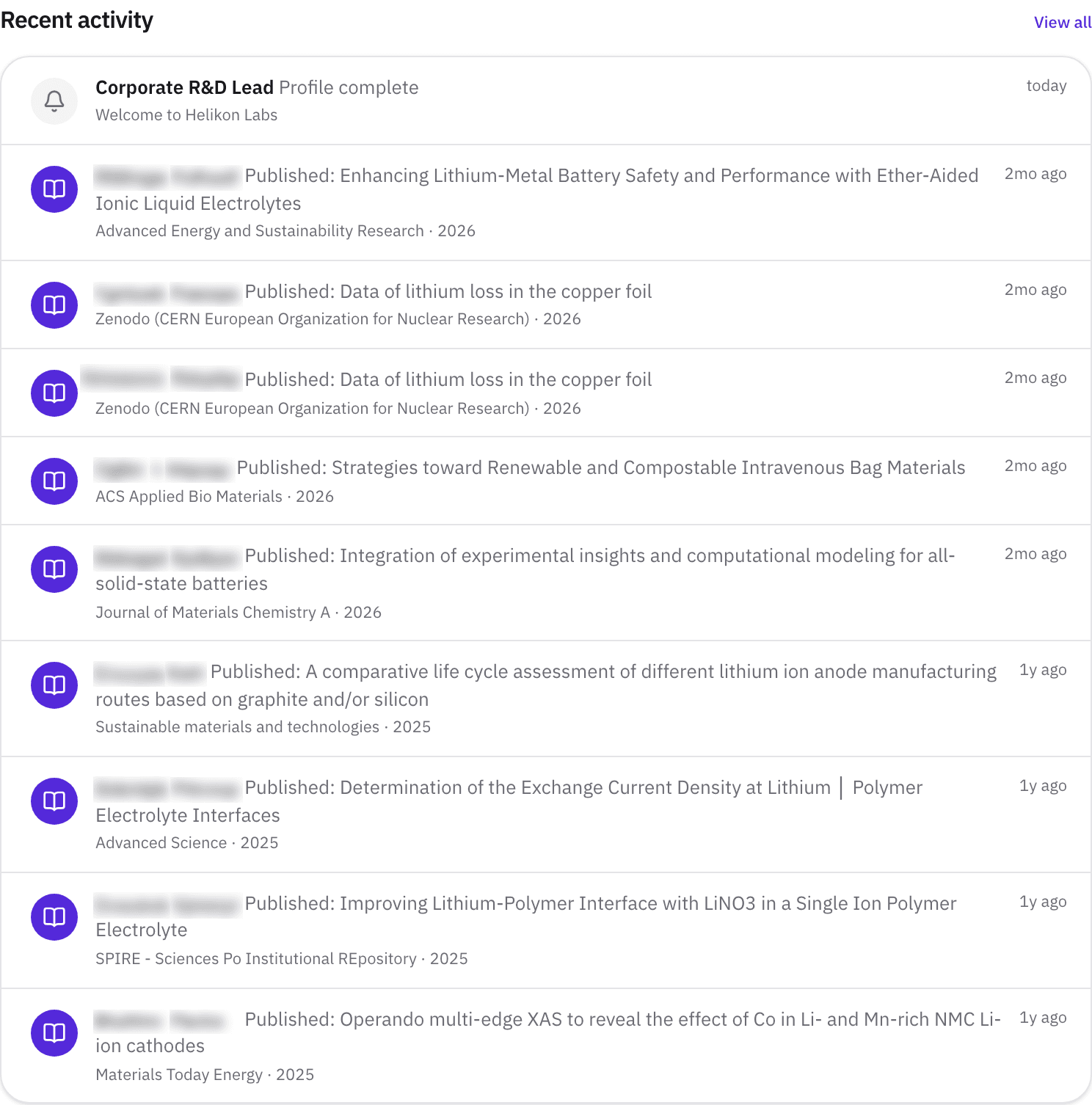 Recent activity on the dashboard: new papers from the researchers you follow.
