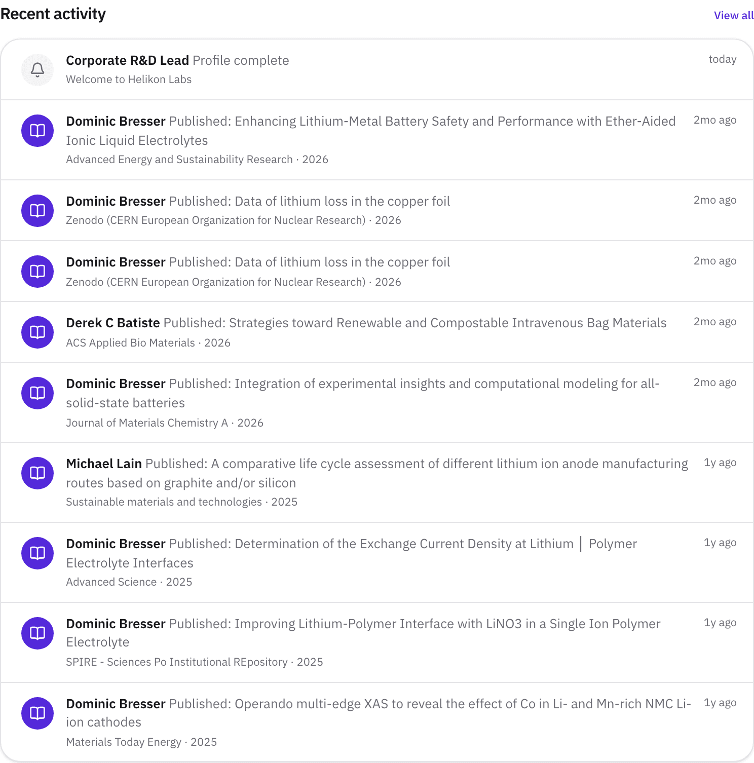 Recent activity on the dashboard: new papers from the researchers you follow.