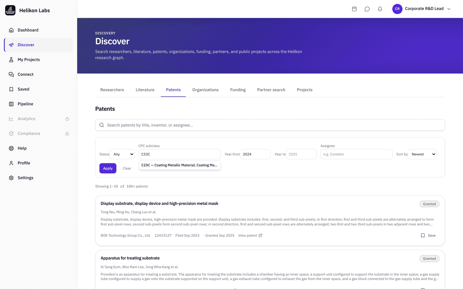 A Patents search filtered to one CPC subclass and recent grants, applied from the URL.