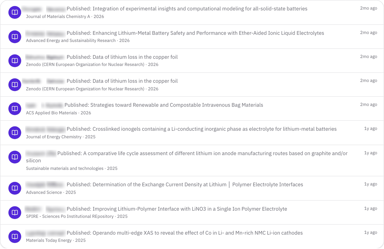 The activity feed: one row per recent publication from a researcher you follow.