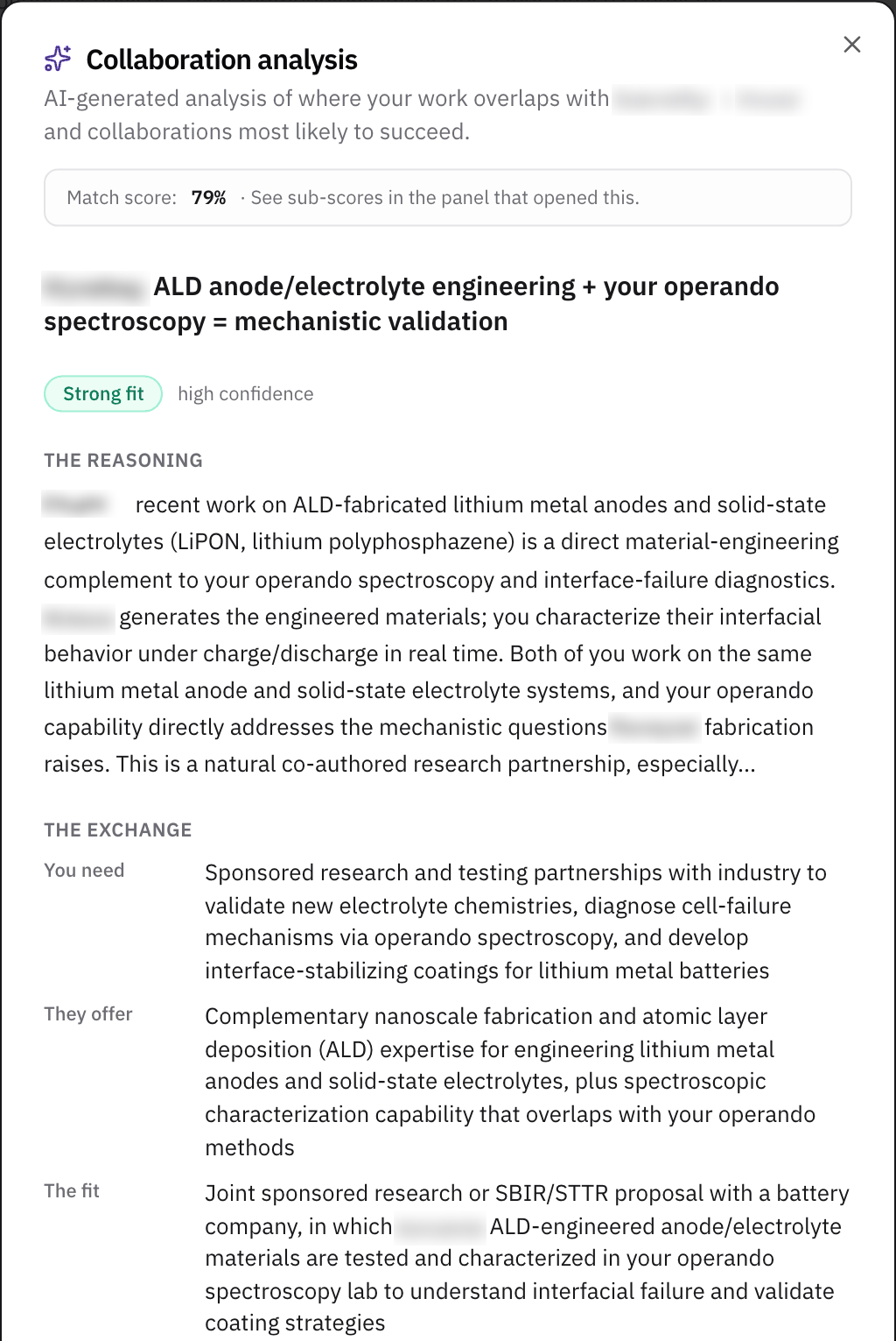 The top half of an analysis: a headline pairing the researcher's atomic layer deposition work with your operando spectroscopy, Strong fit with high confidence, the reasoning, and the exchange with You need, They offer, and The fit.