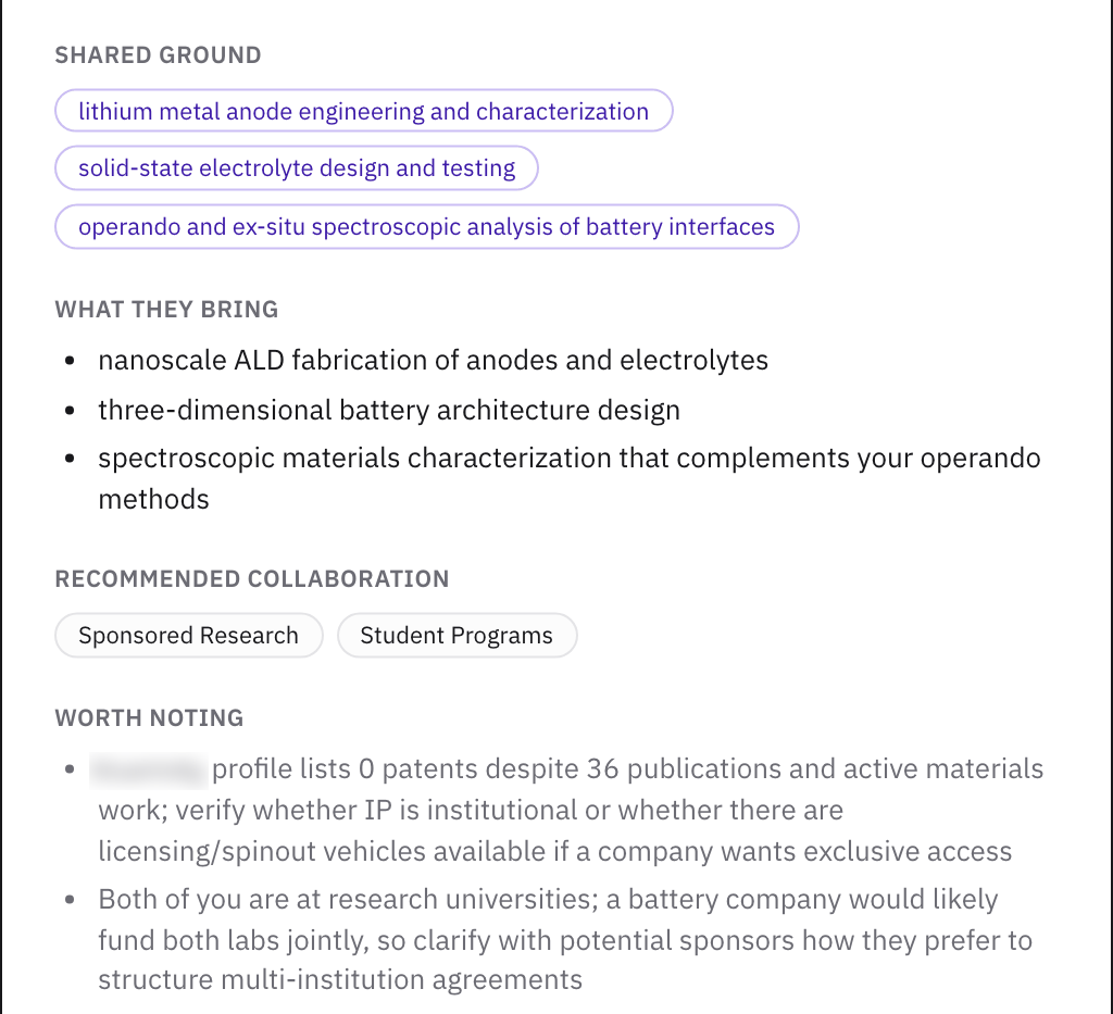 The bottom half of the analysis: shared ground topics, three things the researcher brings, Sponsored Research and Student Programs as recommended collaborations, and two points worth noting: one about the researcher's patents, and one about how a company would fund two university labs.