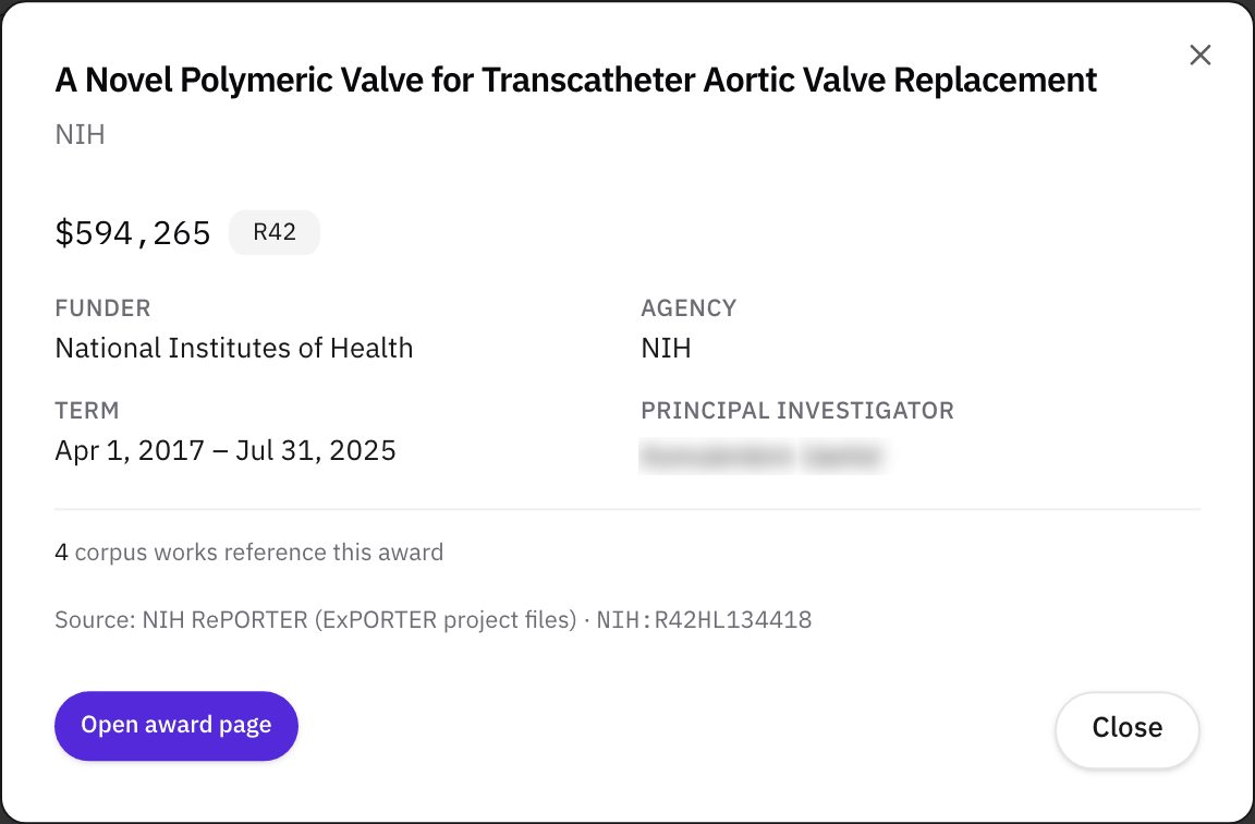 An award's window: "A Novel Polymeric Valve for Transcatheter Aortic Valve Replacement", $594,265, R42, from the National Institutes of Health, April 2017 to July 2025, principal investigator BLUESTEIN, DANNY, 4 corpus works reference this award, the source, NIH RePORTER, and Open award page.