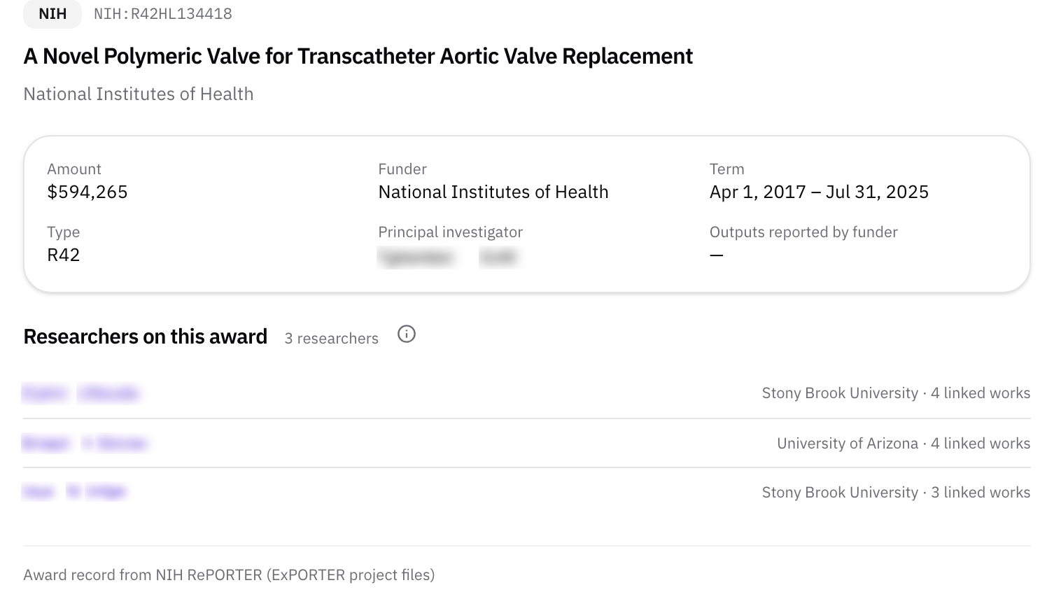 The award page for the R42: amount, funder, term, type, principal investigator, and Researchers on this award, three researchers at Stony Brook University and the University of Arizona, with their linked works, and the record's source, NIH RePORTER.