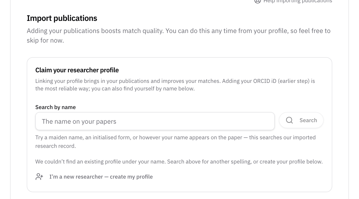 The Import publications step of sign-up: Claim your researcher profile, with a name search and a note that no existing profile was found under the name, and the option to create a new profile.