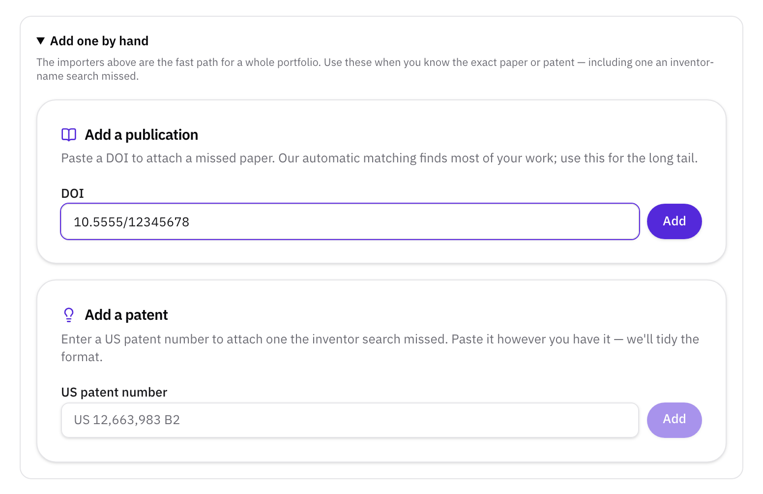 Add one by hand, open: Add a publication with a DOI field, and Add a patent with a U.S. patent number field, each with an Add button.