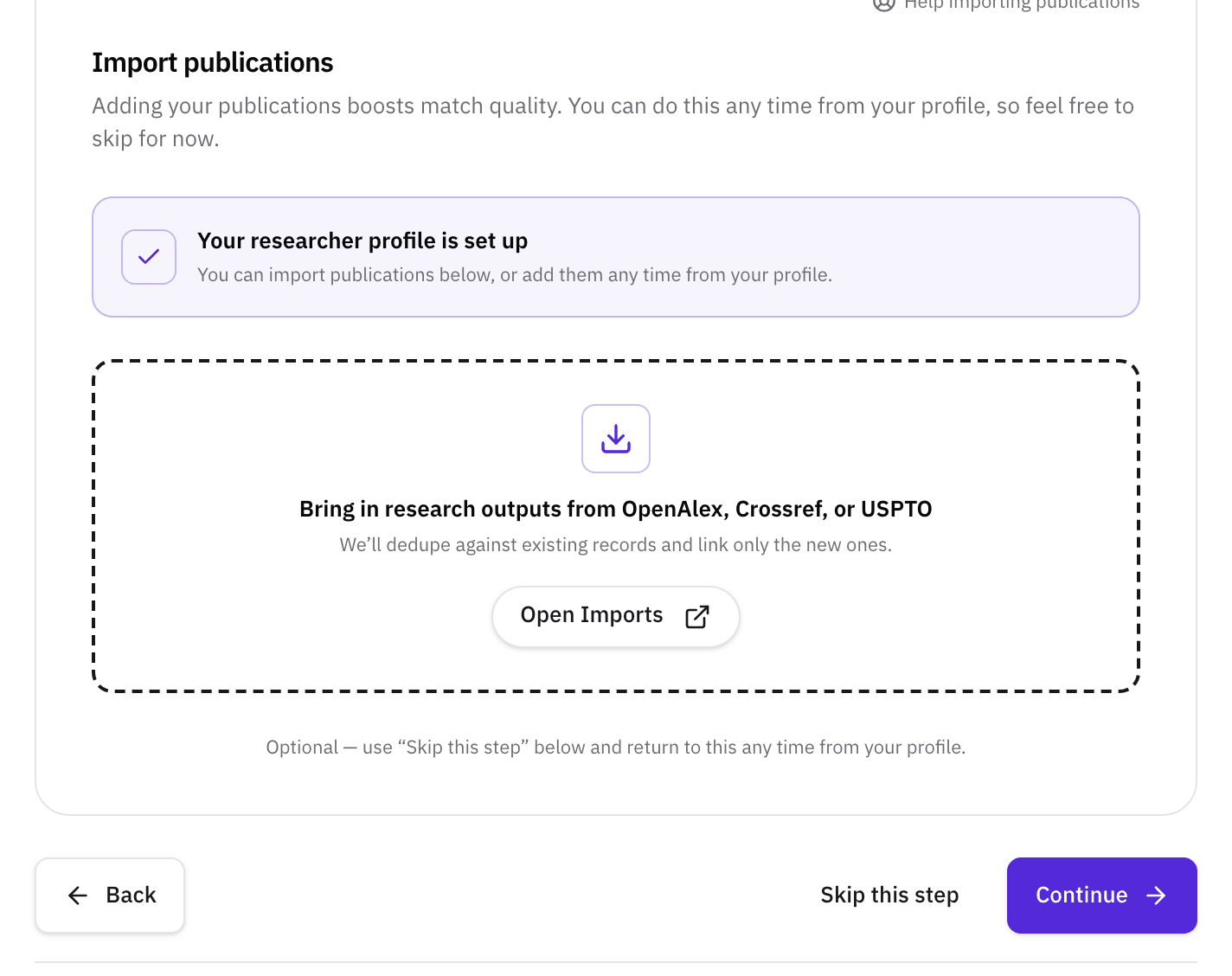 The same step after creating the profile: "Your researcher profile is set up", with the Open Imports button for OpenAlex, Crossref, and USPTO.