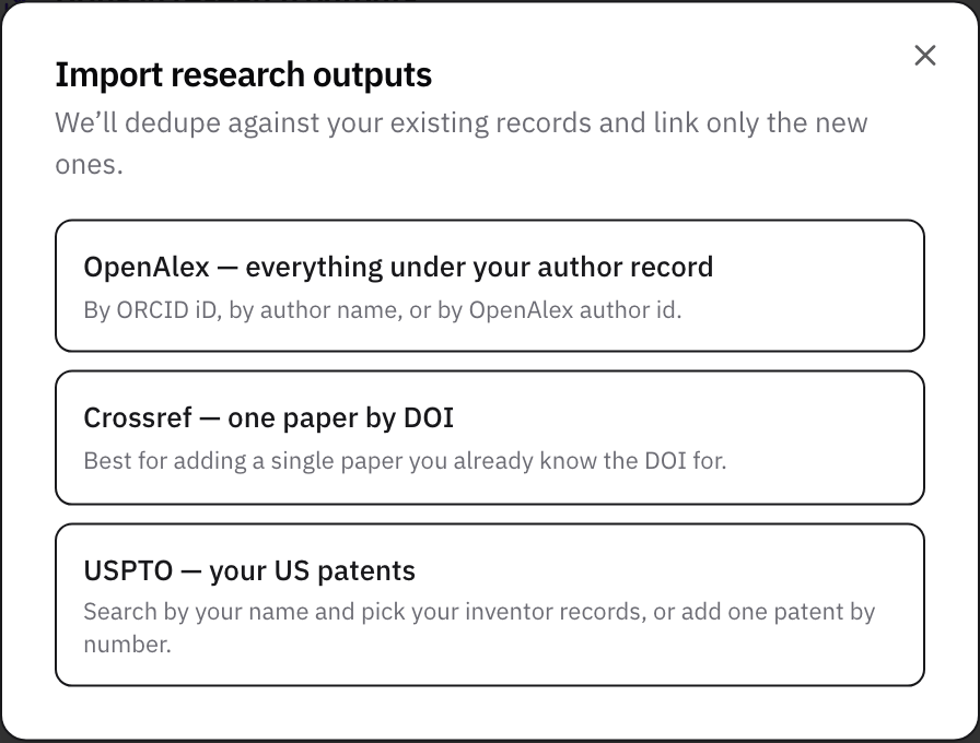 The Import research outputs dialog with three choices: OpenAlex for everything under your author record, Crossref for one paper by DOI, and USPTO for your U.S. patents.